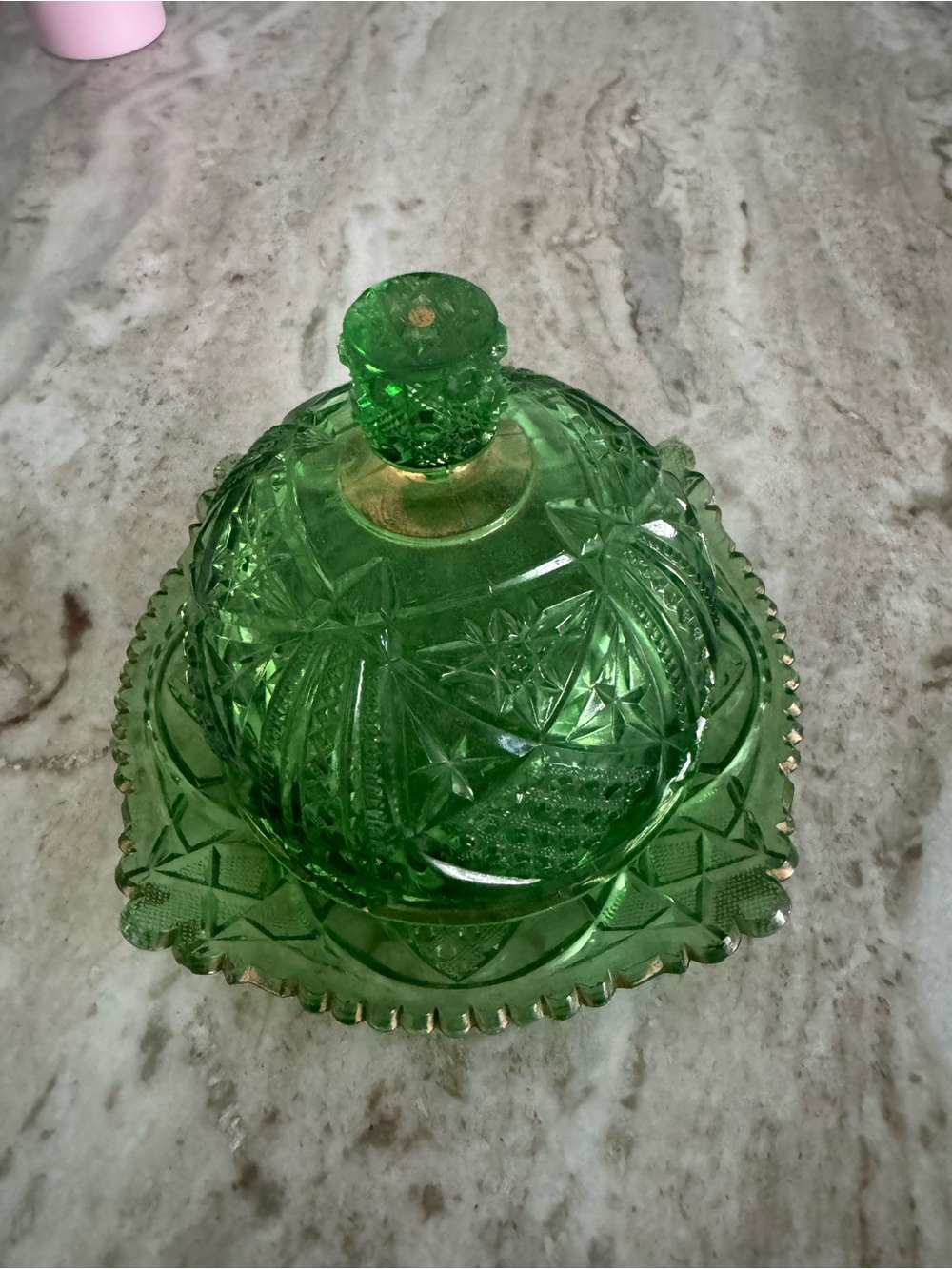 Green Pressed Glass Covered Butter Dish - Decorative Glass Accent